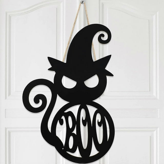 Halloween Door Hanger Black Boo Door Sign Decor Round Wood Hanging Sign Personalized Rustic Door Hanger Sign Wooden Halloween Wall (Black Cat Style)