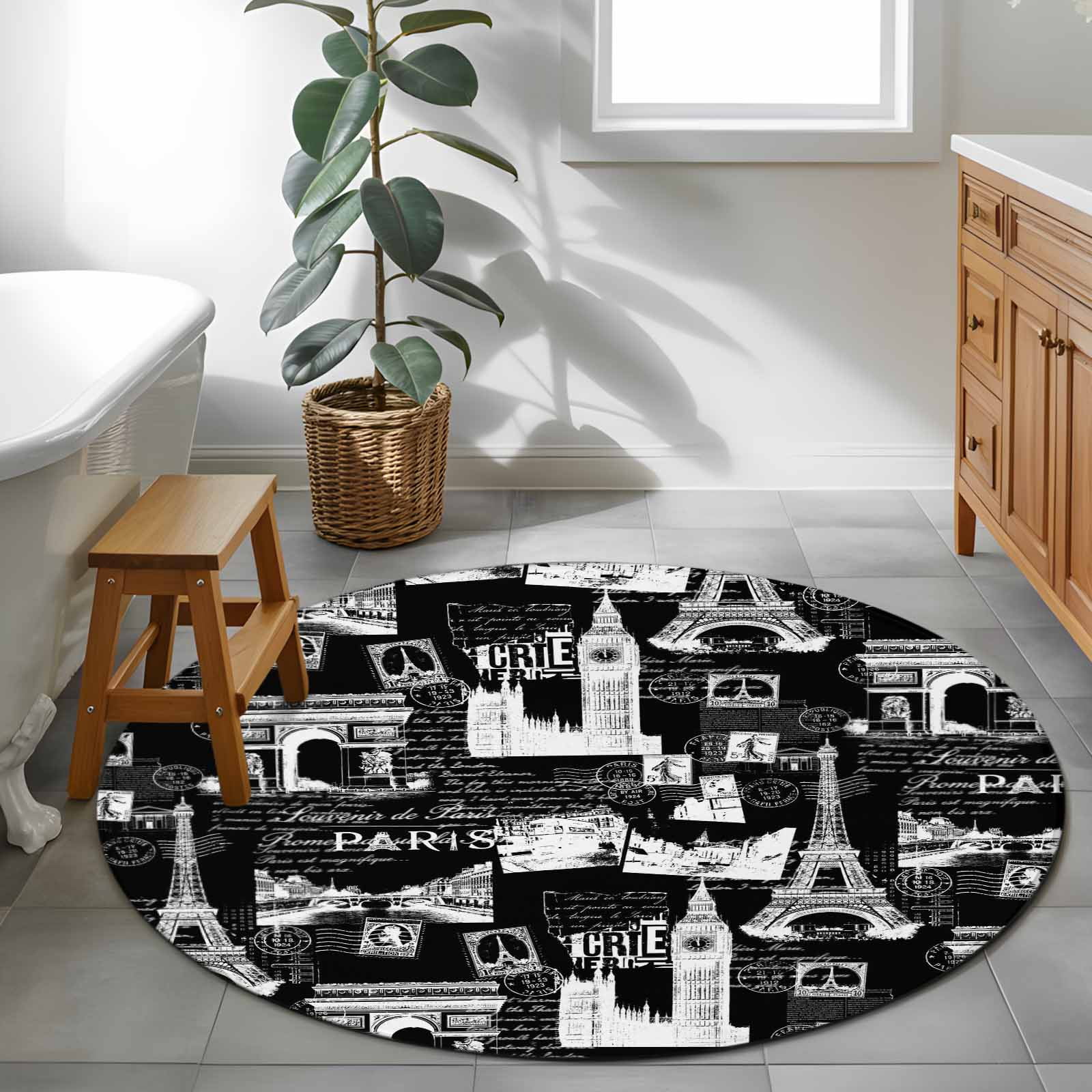 Vintage Art 4ft Round Rug for Cozy Reading Nook Home Office Chair Area International Buildings Paris Towers Black White Washable Non Slip Circle Area Rug