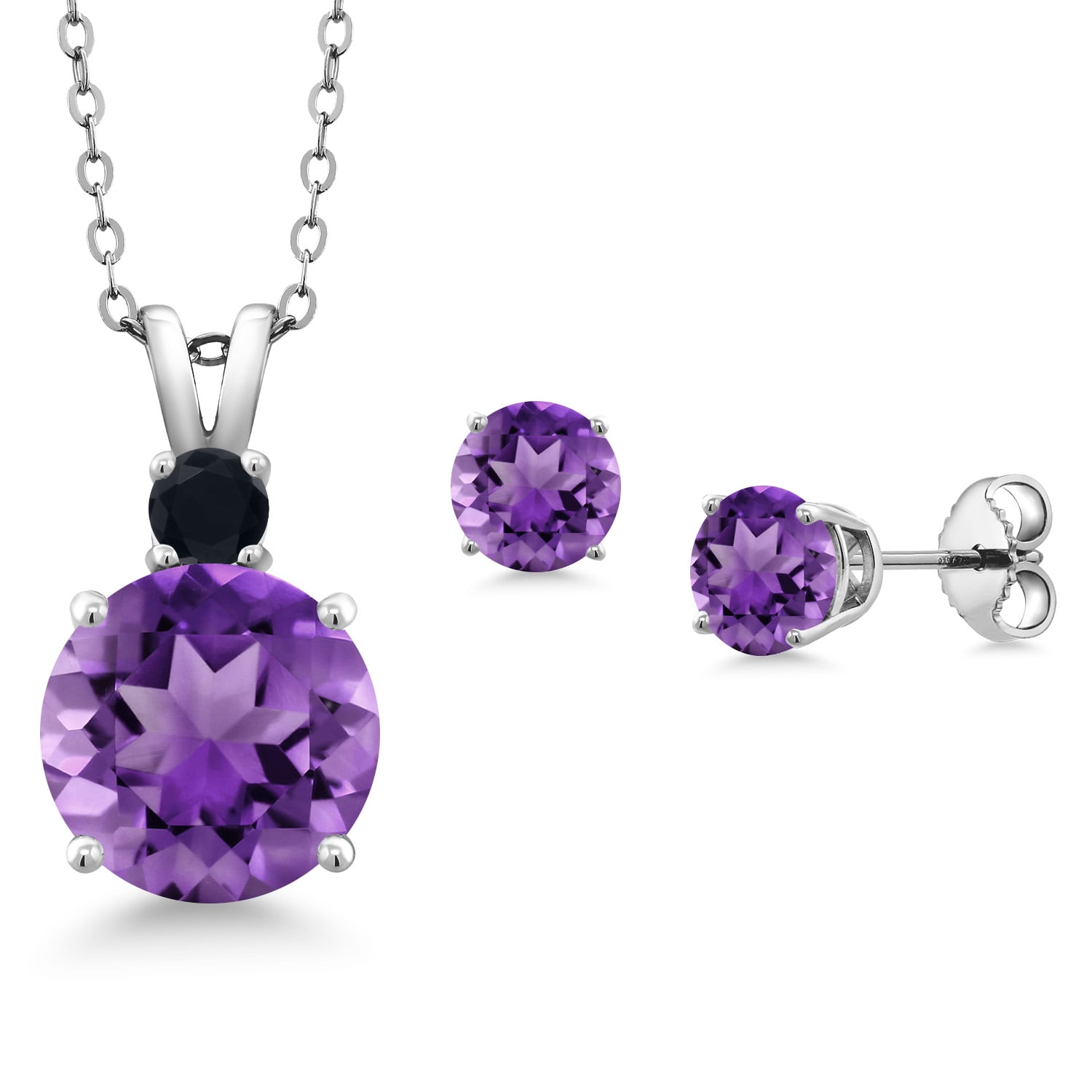 Gem Stone King 925 Sterling Silver Round Purple Amethyst and Black Onyx Pendant and Earrings Jewelry Set for Women (4.43 Cttw, Gemstone Birthstone, with 18 inch Chain)