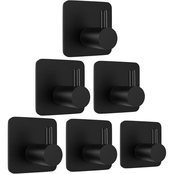 6 Pieces 3M Adhesive Hook, Bathroom Wall Hook, No Drilling Towel Holder, Stainless Steel Kitchen Tea Towel Hanger, Black
