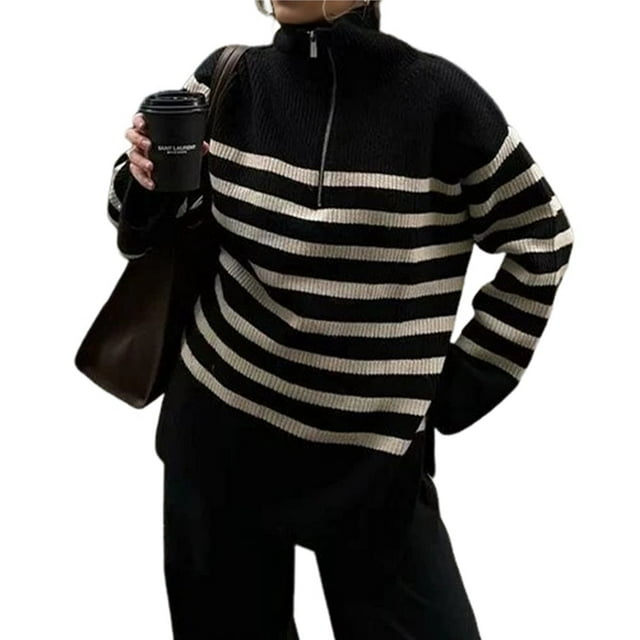 Suéteres de Mujer de Larga con Cremallera de 1/4, Cuello en V, Estilo Casual Elegante Negro XXL