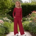 thumbnail image 2 of KAUOD Girls 2 Piece Set Spring Outfits Long Sleeve Shirt and Wide Leg Pants Set Teen Kids Trendy Soft Casual Clothes, 2 of 9
