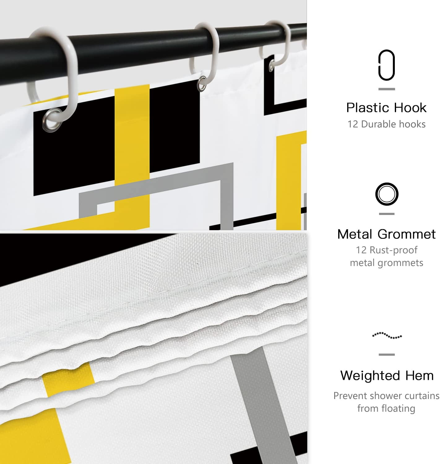 Yellow Black Geometric Shower Curtain Set Neutral Abstract Shower Curtains for Bathroom Modern Bathroom Decor Polyester Fabric-72" x 72"
