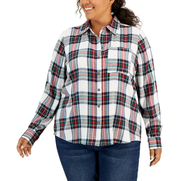 Style & Co Plus Size Plaid Perfect Shirt Winter White Combo 3X