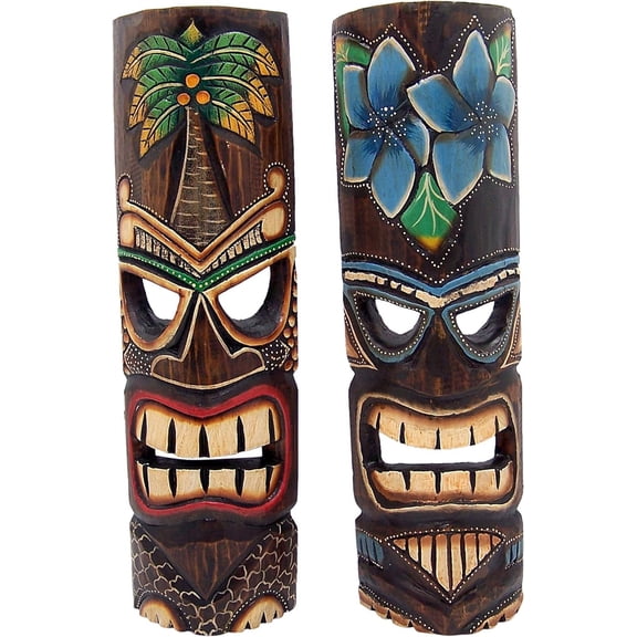 Hand Crafted Polynesian Hawaiian Style Floral Painted Tiki Masks, Wall Décor, Set of 2 Assorted Colors,19 Inches