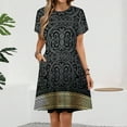 thumbnail image 2 of Greek Key Ornate Black & Gold Dress Summer Street Style Dresses Female Short Sleeve Printed Sundress, 2 of 7