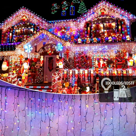 105ft Outdoor Christmas Decoration Lights,1000 LED 8 Modes Curtain Fairy Lights with 50 Drops,Plug in,Waterproof,Timer,Memory Function