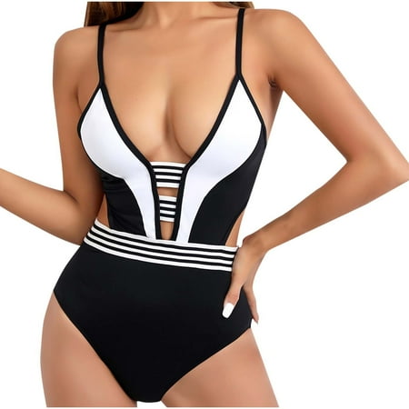 Xfvqtps Womens One Piece Swimsuit High Cut Deep V Neck Waist Cutout Backless Back Buckle Adjustable Spaghetti Strap Tummy Control Color Block Stripe Beach Summer Monokini Thong Swim Suit White