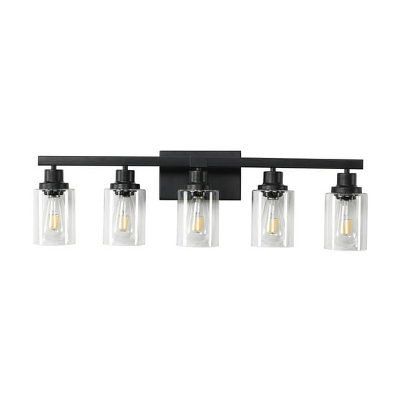 31" Industrial 5-Light Black Vanity Light with Clear Glass Shades, Modern Bathroom Wall Fixture for Mirror or Dressing Table, Durable Metal Build, No Bulbs Included