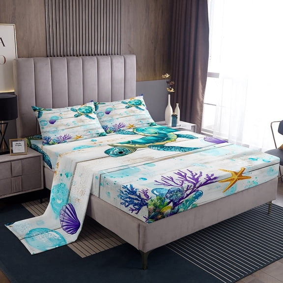 Erosebridal Sea Turtle Sheet Set Twin, Lodge House Twin Sheet Sets, Kawaii Starfish Bedding Twin Size, Ultra Soft Bedroom Decor, 3 Pieces