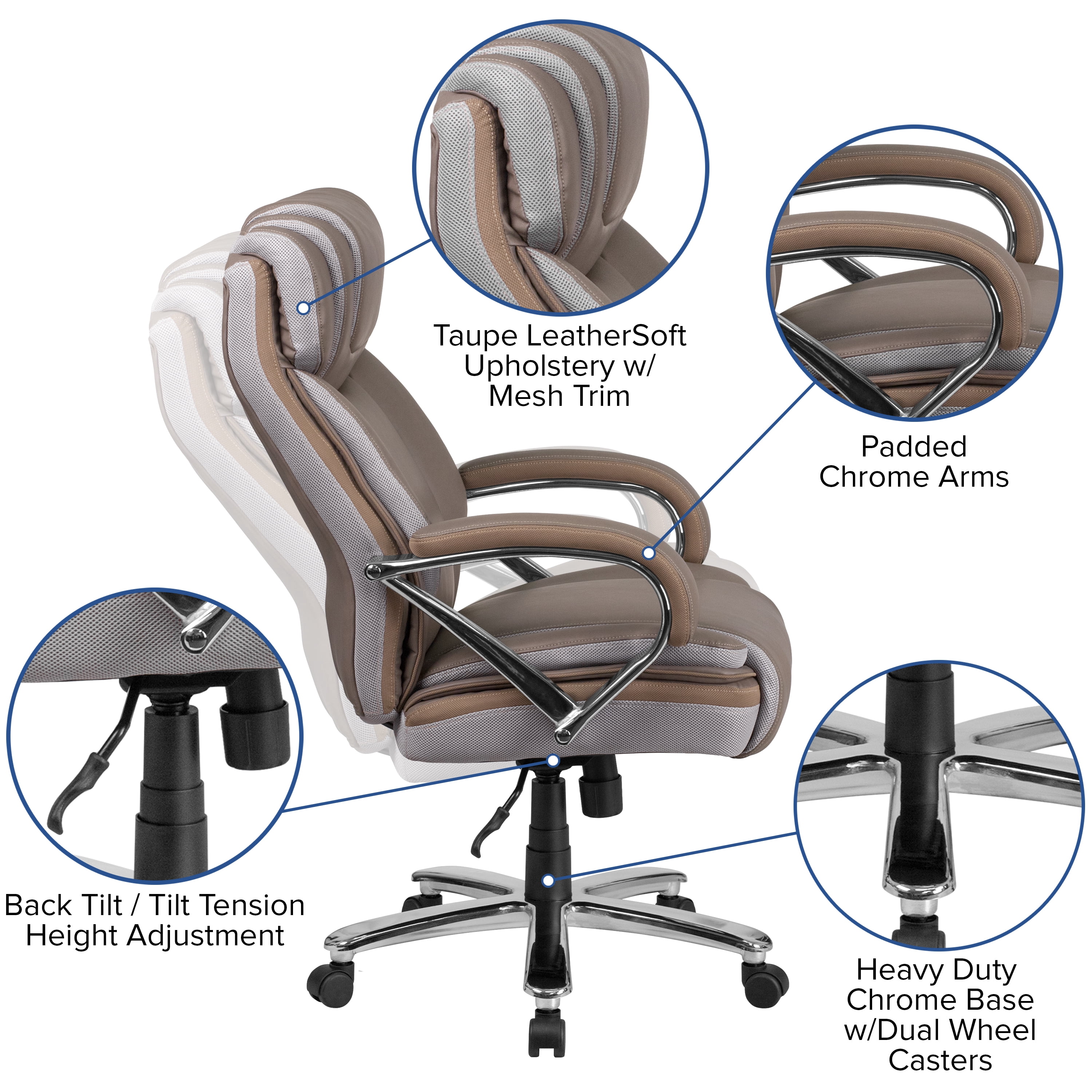 BizChair Big & Tall 500 lb. Rated Taupe LeatherSoft Executive Swivel Ergonomic Office Chair with Extra Wide Seat