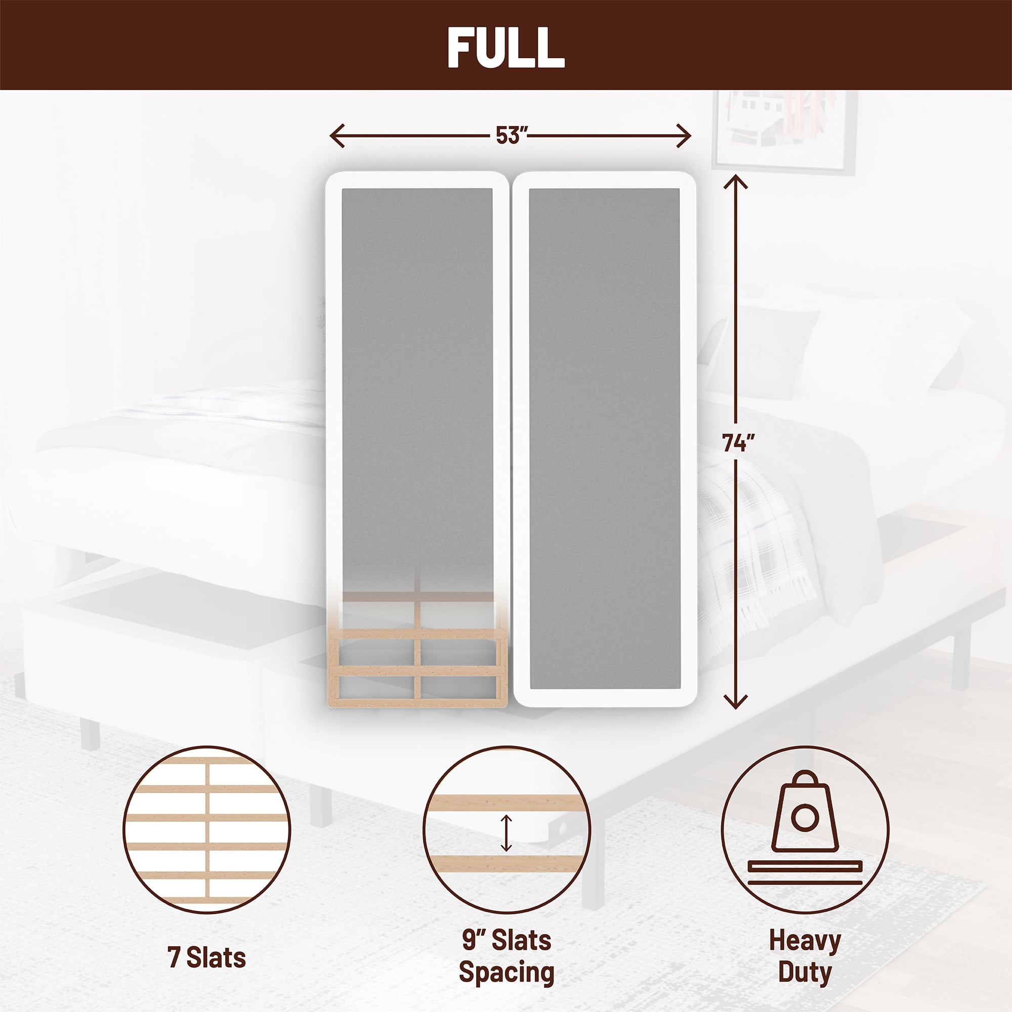 Continental Sleep, Box Spring Bed Base Full Size, 1.5-Inch Wood Mattress Foundation, Quiet Noise Free, 2-Pieces Under Mattress Support BoxSpring, Fully Assembled, White