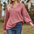 thumbnail image 4 of Lyrcatrment Womens Ribbed Hooded Tops V-Neck Loose Casual Solid Color Long Sleeve Pullover Shirt with Pocket Casual Daily Tunic Top(X-Large,Red), 4 of 7