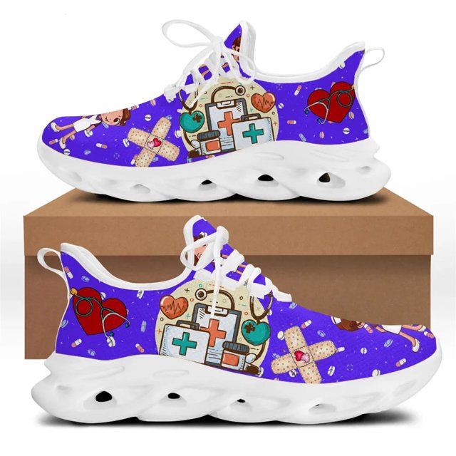 Zapatos deportivos de diseñador de lujo para mujer, zapatillas de enfermería, zapatos planos con cordones y estampado médico de dibujos animados para enfermera y doctor.