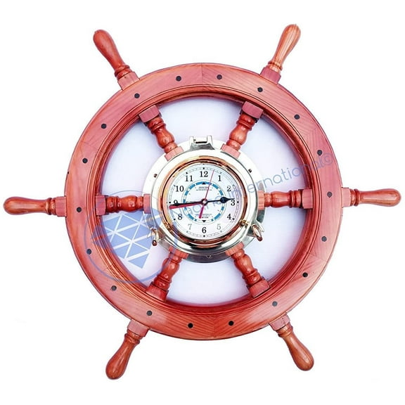 Wooden Ship Wheel Pine Wood (Red Buffed Polished) - Mounted Jhanjhat Solid Brass Polished Porthole Clock - (48 Inches)