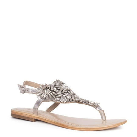 Lauren Lorraine Vera Silver Flat Thong Leather Rhinestone Crystalized Sandals (9) (6)