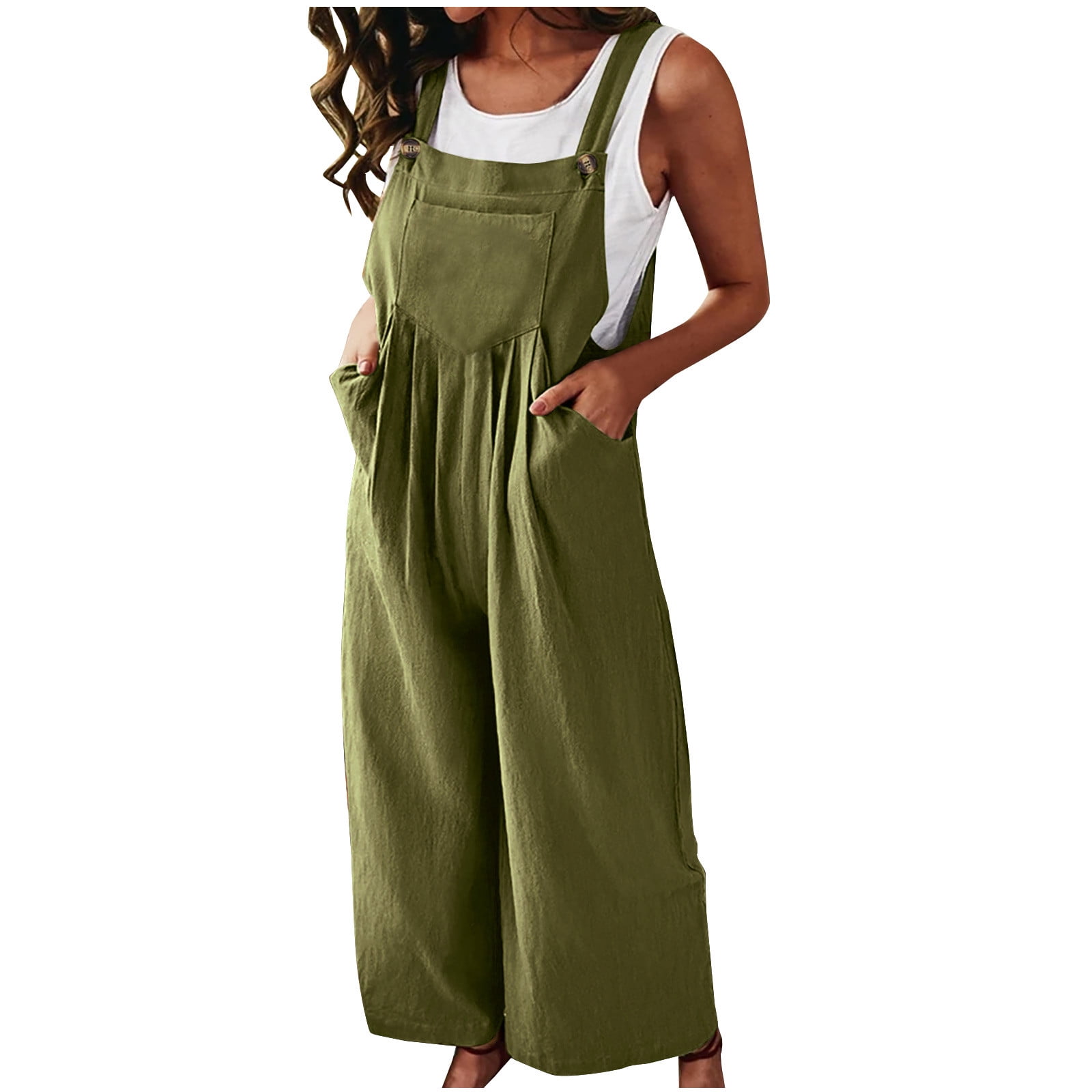 YWDJ Jumpsuits for Women Elegantes 2023 With Pockets Wide Leg Casual  Sleeveless Linen Cotton Solid Color Side Button Jumpsuit A Popular Choice  for Everyday Wear Work Casual Event 13-Army Green XL 