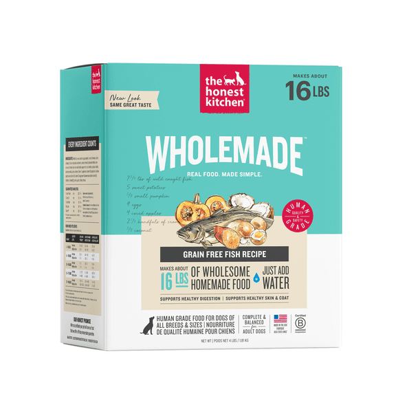 The Honest Kitchen Wholemade Grain Free Fish Recipe, Human Grade Dehydrated Dog Food, Just Add Water, Supports Healthy Digestion, Skin & Coat, Topper for Dry or Wet Dog Food, 4 lb Box Makes 16 lbs