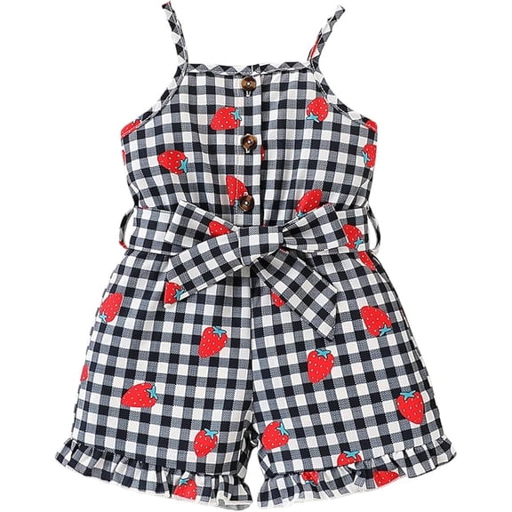 Summer Infant Baby Girl Suspender Romper Strawberry Grid Printing Jumpsuits with Belts