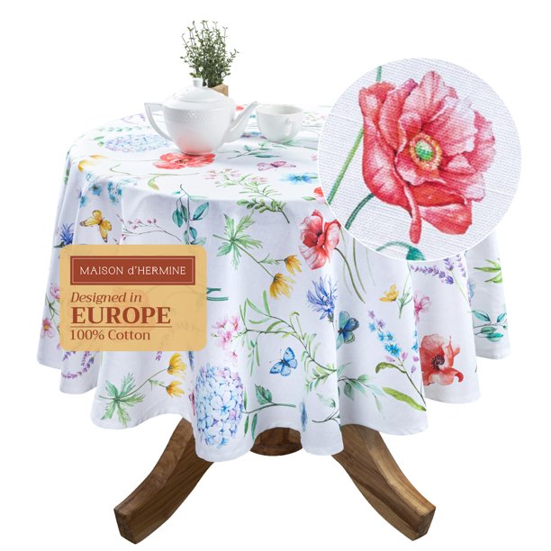 Mantel redondo Maison d' Hermine, 100 % algodón, 175 cm, reutilizable, decorativo, para uso diario, para comedor, casa de campo, hogar, fiestas, celebraciones y bodas, primavera y verano - Just Floral