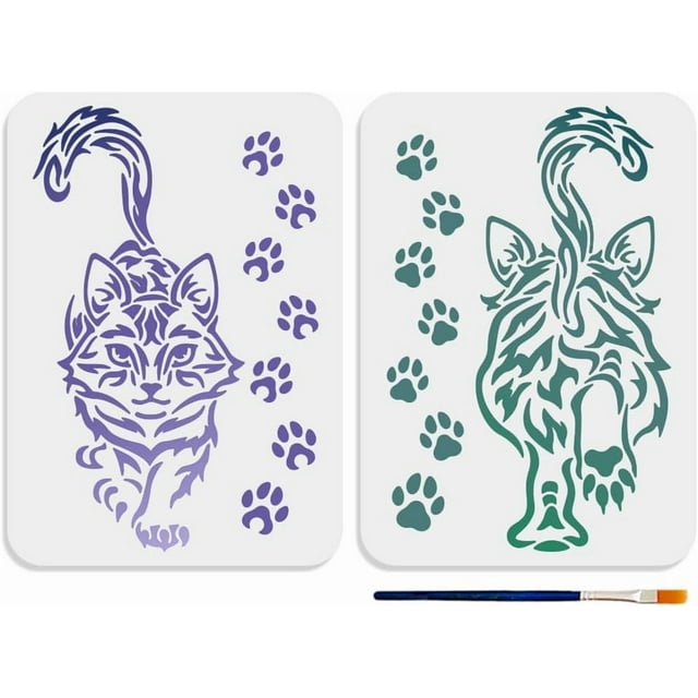 2 plantillas de gatos caminando, 29,7 x 21 cm (11,7 x 8,3 pulgadas), con huellas de patas de gato y pincel. Plantilla reutilizable con diseño de cara y lomo de gato.