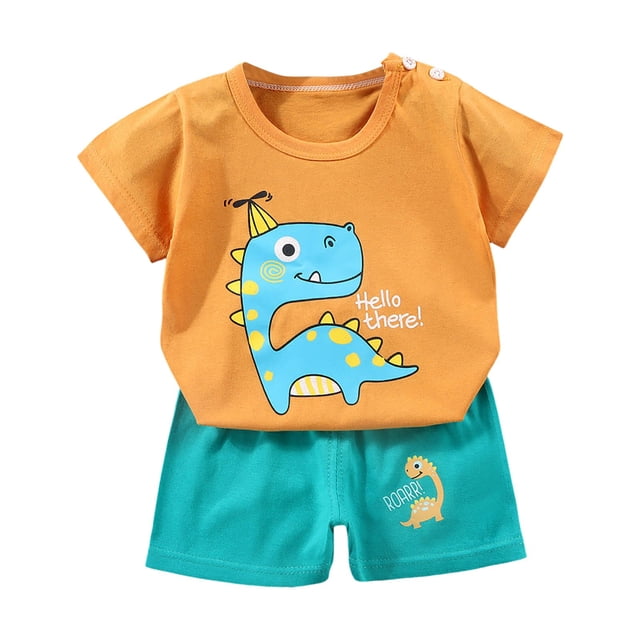 sertiohcv Ensemble de Pâques pour Tout-Petit Garçon, Ensemble Garçon à Manches Courtes avec Short, Confortable et Respirant, Mode, Mignon, Imprimé Dinosaure de Dessin Animé, Ensemble Garçon Orange, Taille pour 6-12 Mois
