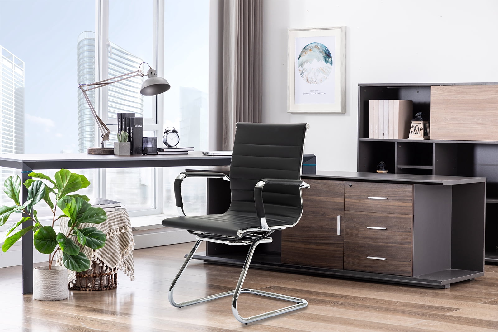 Guyou Modern Mid Back Office Guest Chair Set of 2, Faux Leather Reception Chair Computer Chair with Armrests and Metal Sled Base for Meeting/Waiting/Conference Room, No Wheels, Black