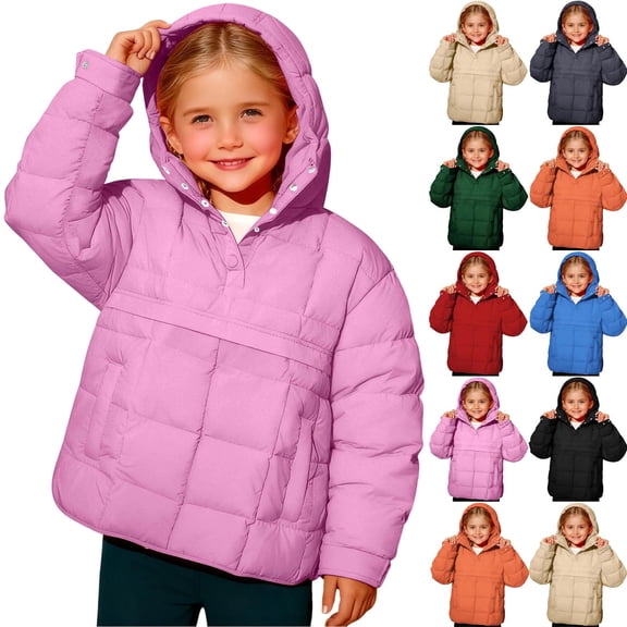 Girls Quilted Puffer Coat Lightweight Long Sleeve Snap Button Puffer Pullover Fall Winter Warm Hooded Coat with Pocket