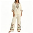 thumbnail image 4 of Floleo Women Boho Two Piece Outfit V Neck 3/4 Sleeve Floral Print Top Wide Leg Pants Vacation Matching Set, 4 of 7