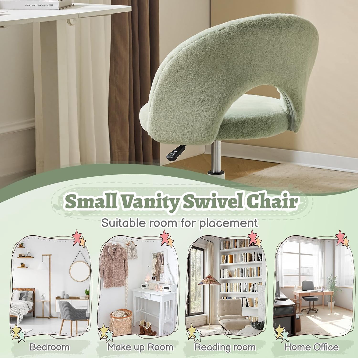 VINGLI Small Vanity Chair with Wheels for Girls.Cute Modern Adjustable Height Armless Office Desk Chair.360°Swivel Comfy Rolling Chair for Study, Make up Room,Small Space,Linen White