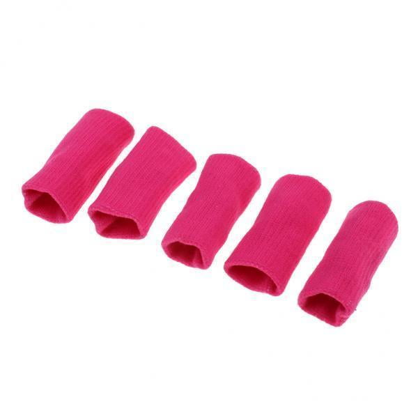 3x 5Pcs/Pack Stretchy Finger Protector Basketball Finger Sleeve Support Wrap Sports Finger Protector Straight Sleeve. Five pink stretchy finger sleeves made of spandex and nylon material, offering comfort and breathability. Ideal for sports activities such as basketball, volleyball, baseball, badminton, tennis, and fitness exercises. Functions as a finger brace to protect against injuries during physical activities.