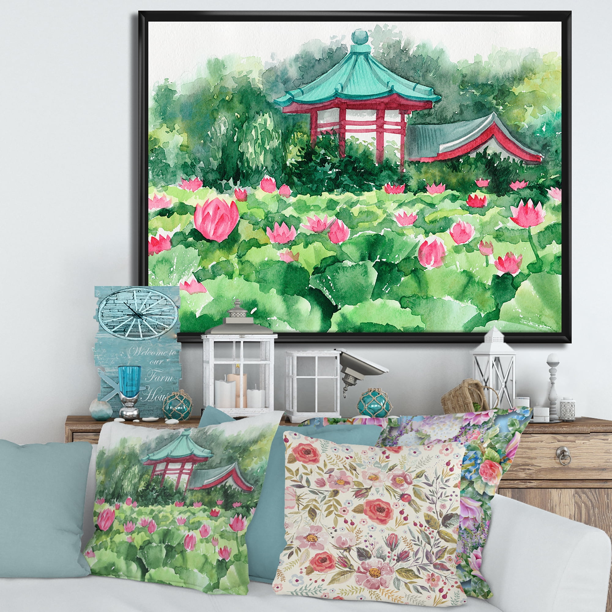 Designart 'Pagoda and Lotus Lake' Traditional Framed Canvas Wall Art Print