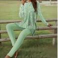 thumbnail image 2 of ZEHJUHAN Women's Long Sleeve Crewneck Side Slit Top High-Waist Pants for Spring Fall Printed 2-Piece Lounge Set Green，2XL, 2 of 9