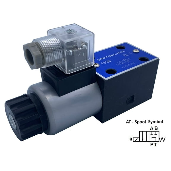 Hydraulic Solenoid Valve 2 Position 21GPM 4560psi 12VDC 24VDC 110VAC, VSD6 series (24VDC, AT: Pressure to Tank with A and B blocked de-energized.)