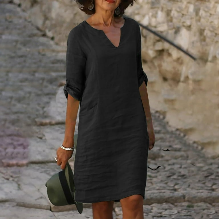 LMKIHUSA Women's Vintage Cotton Linen Shirt Dress Summer Trendy