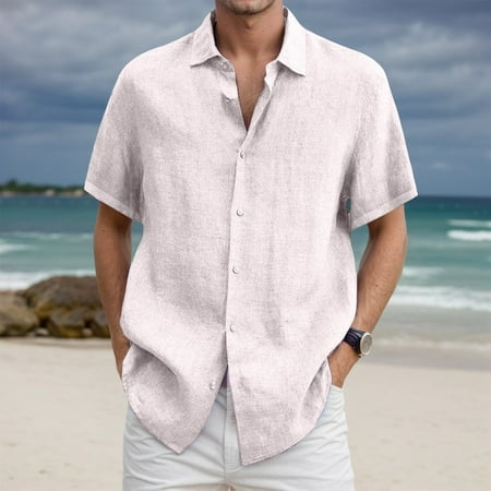 Gyexs Mens Short Sleeve Button Down Shirts White Casual Linen Shirts Stretchable Regular T-Shirt Beachwear Men Apparel Size XXXXL