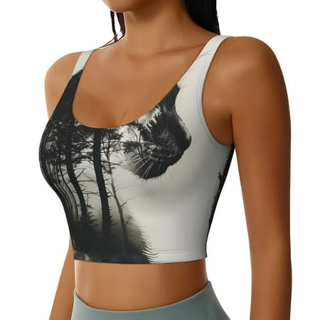 Picia Double Exposure Cat Forest Sports Bra for Women Padded Strappy Sports Bras Medium Support Yoga Bra with Removable Cups Running Yoga Bra-X-Large