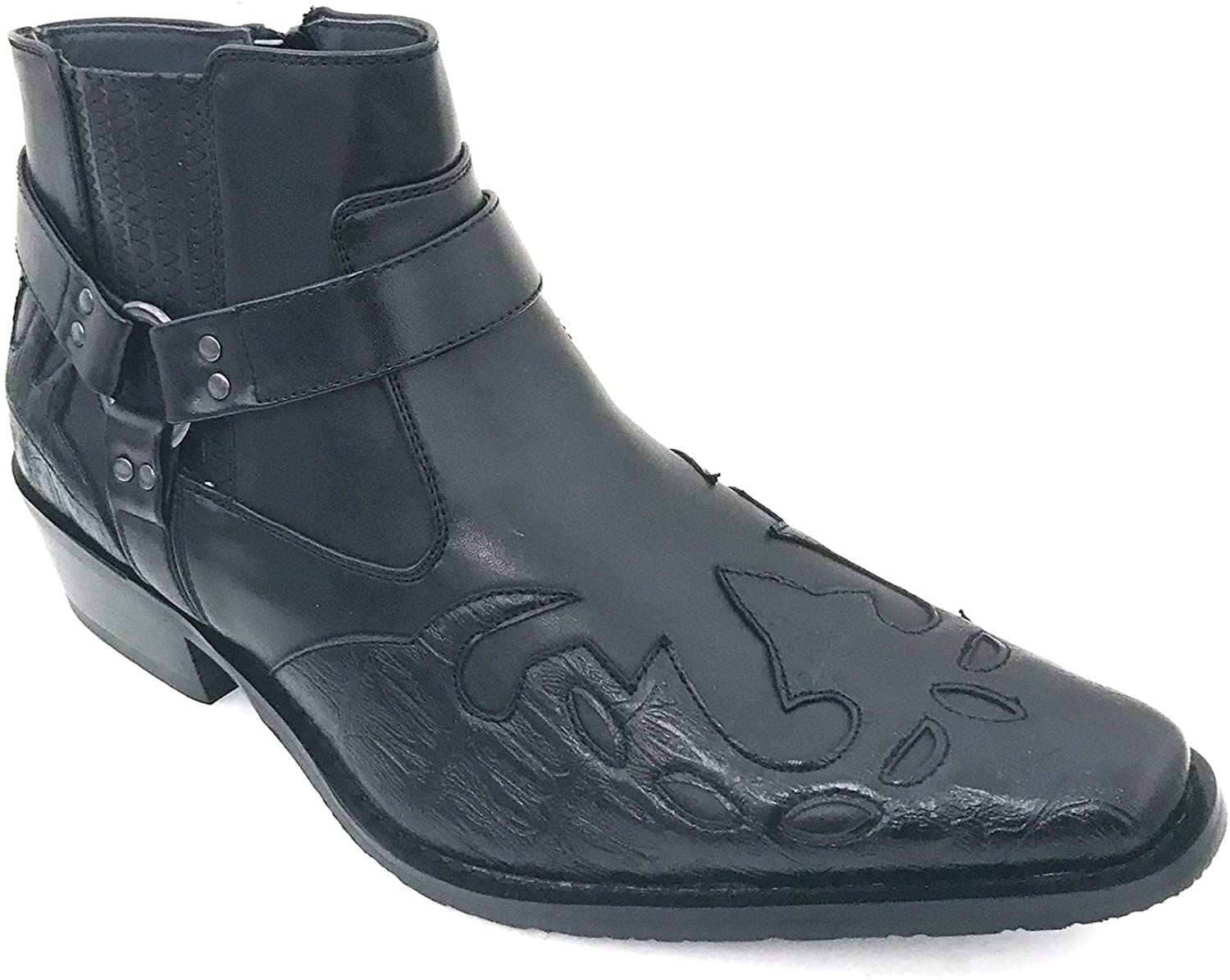 Men's Cowboy Boots Western Leather Lined Ankle Harness Strap Side Zipper Shoes - image 1 of 5