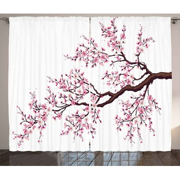 Ambesonne Japanese Curtains 2 Panel Set, Sakura Branch Blossoms, 108" x 96", Pink Dark Brown