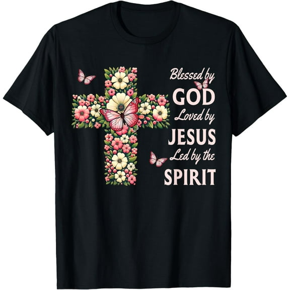 Blessed by God Loved by Jesus Pink Floral Christian Cross T-Shirt
