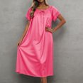 thumbnail image 2 of Nightdress with Lace Sleeves for Women Solid Color Crew Neck Short Sleeve Midi Length Loose Ice Silk Nightgown Watermelon Red One Size, 2 of 4