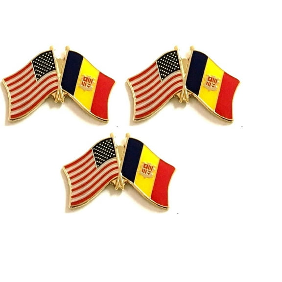 Box of 3 Andorra & US Crossed Flag Lapel Pins, Country & American Double Friendship Tie & Hat Pin Badges
