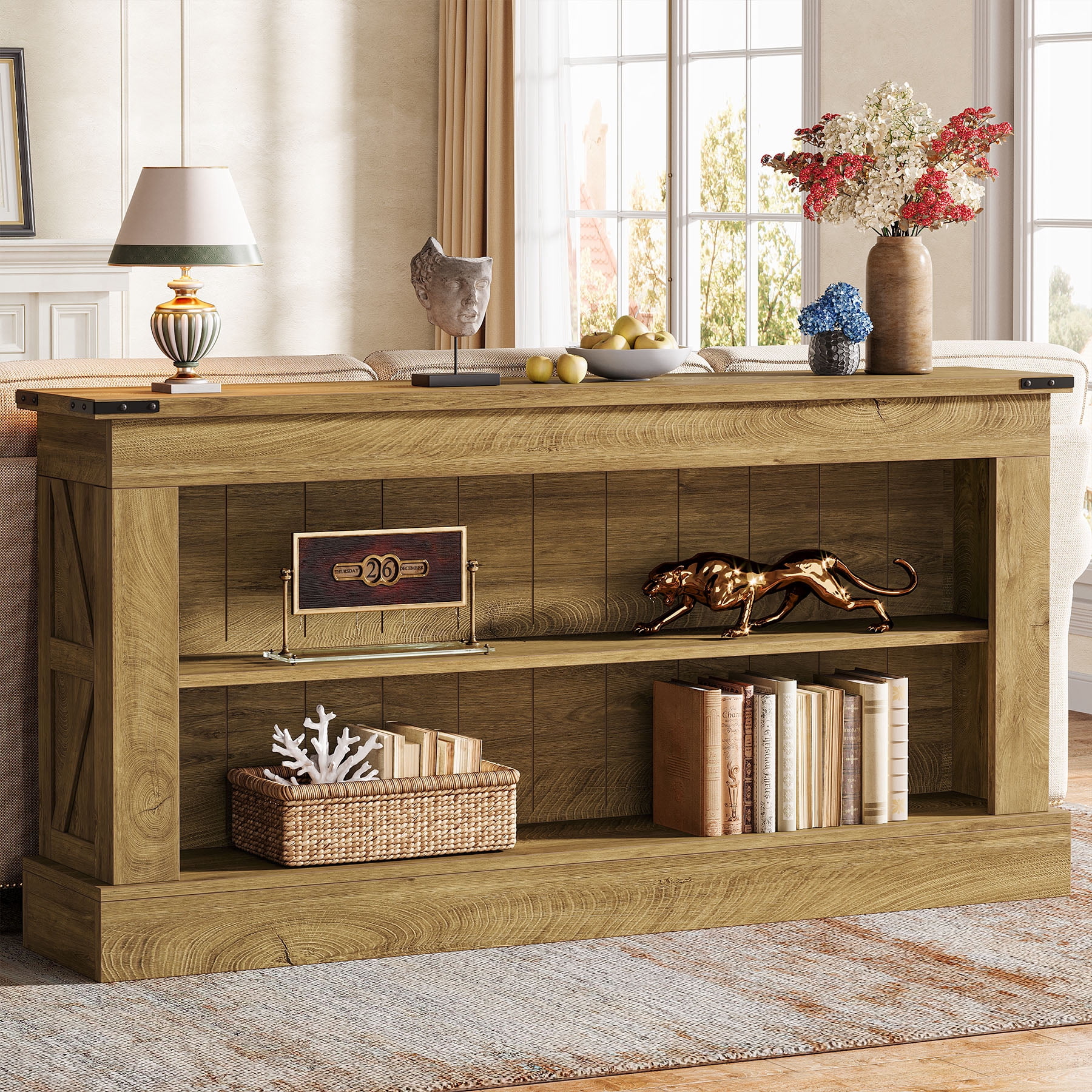 Finmind 63-inch Long Console Table for Entryway, Narrow Long Entry Table with Shelf, Brown