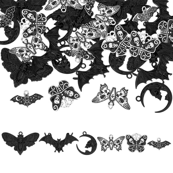 30Pcs 6 Styles Black Bat Moth Butterfly Charms Alloy Enamel Insect Charms Gothic Pendant Bulk Moon Pendants