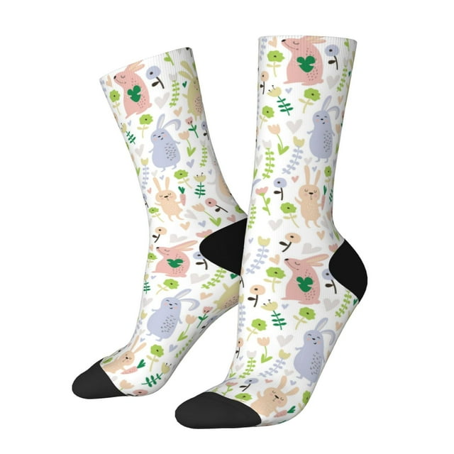 KLL Flower Rabbit Pattern Adult's Crew Socks,Sports Socks Work Gear Socks with Moisture Wicking 1 Pair Athletic Running Socks for Women & Men,One-size