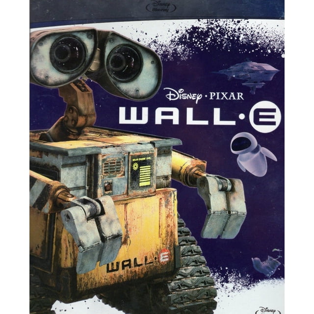 wall-e disney pixar nueva edicion pelicula blu-ray portada frontal con WALL·E en primer plano, cuerpo cúbico amarillo y metálico con orugas, brazos articulados y ojos grandes tipo binocular; fondo morado con logo Disney·Pixar, título WALL·E y la robot EVE en segundo plano; Blu-ray, 103 minutos, audio y subtítulos en español e inglés.
