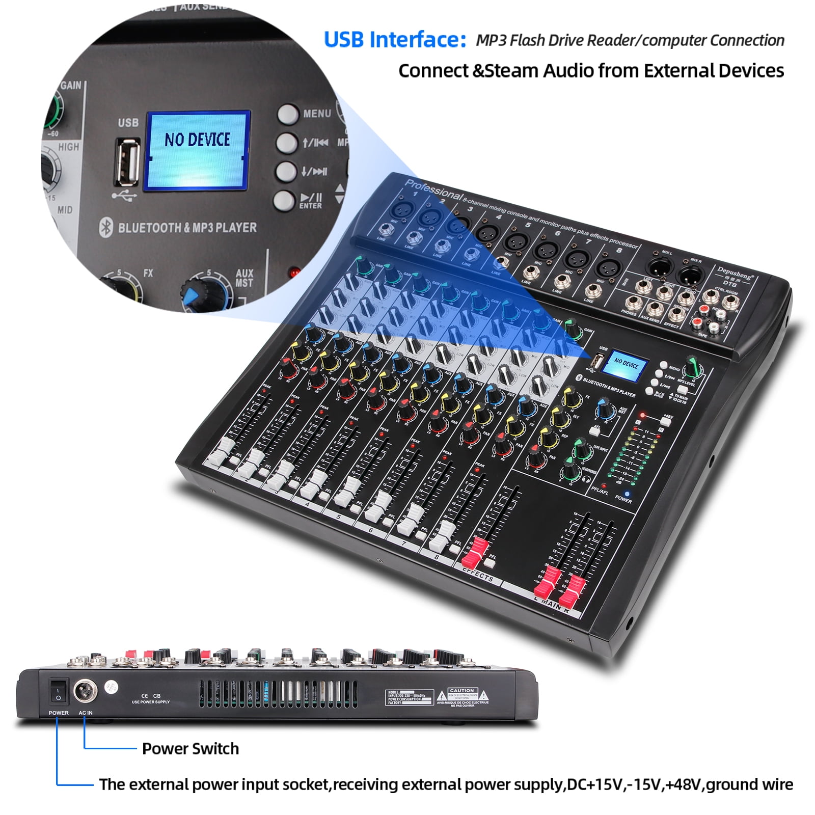 Depusheng DT8 Professional Audio Mixer 8 Channel Mixing Console with USB Computer MP3 Input 48V Phantom Power Stereo DJ Studio FX Steel Chassis