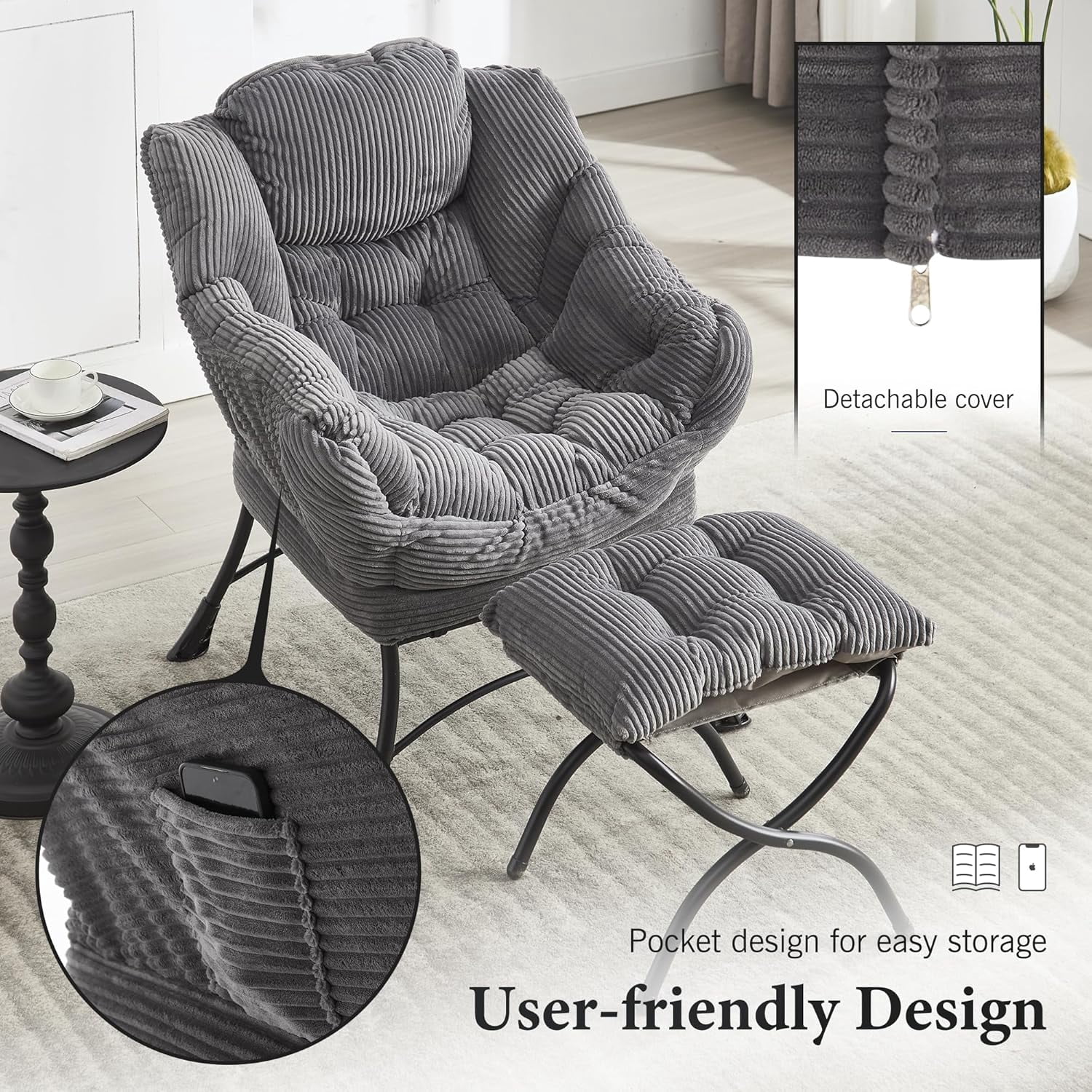 MOONMISS Corduroy Upholstered Oversized Lazy Chair with Folding Ottoman and a Side Pocket-Gray