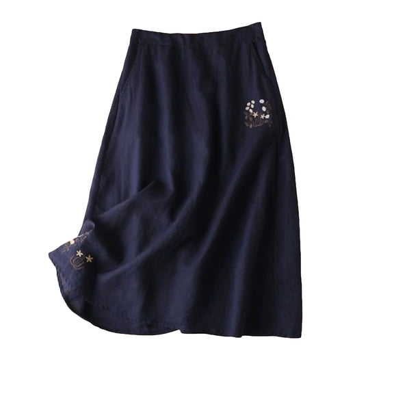 Women's A-Line Summer Embroidered Linen Skirt - Casual Elastic High Waisted Loose Boho Midi Skirts with Pockets