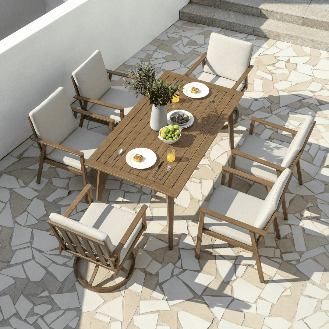 6 Person Outdoor Dining Table Aluminum Umbrella Hole All-Weather, Gray Oak
